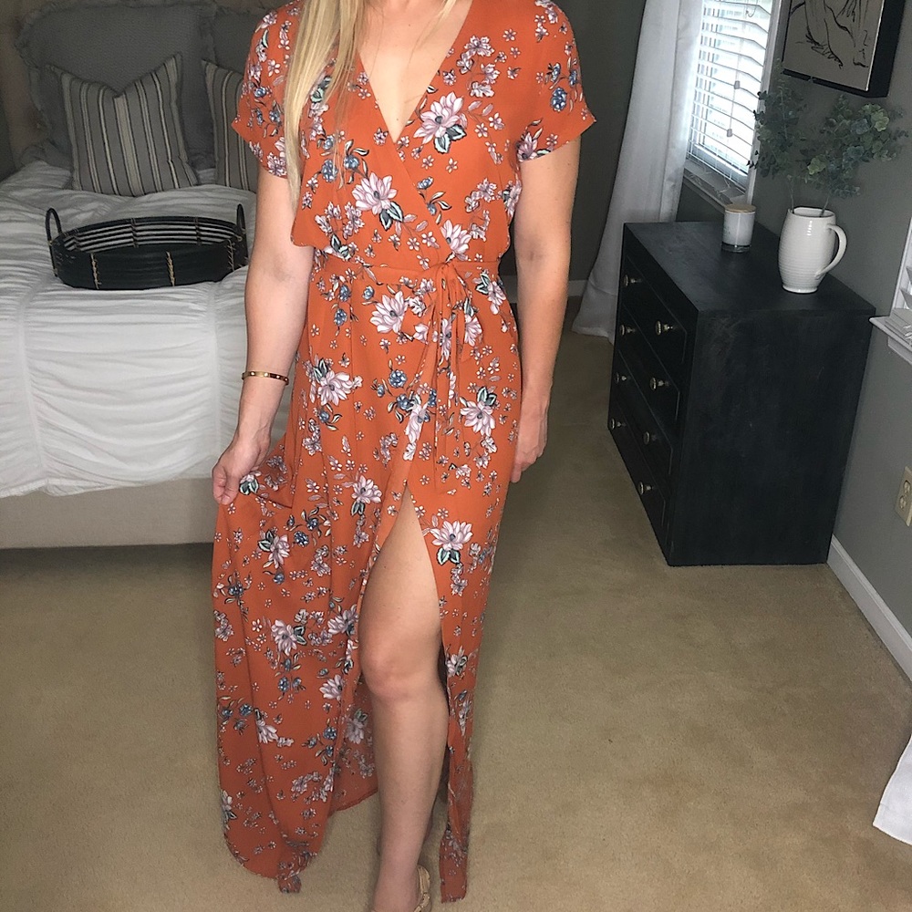 VESTIQUE Rust Orange Floral Wrap Maxi Dress S